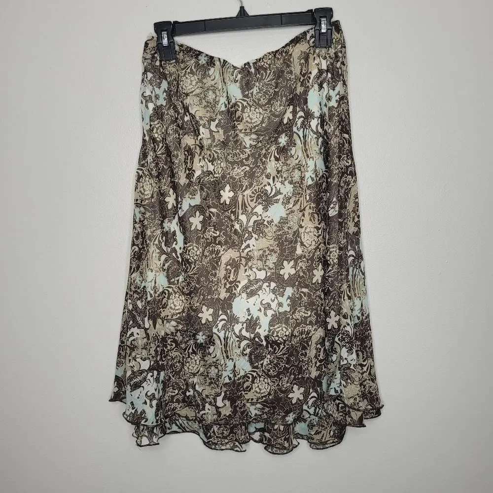 Notations blue brown grunge abstract floral print pull on a line knee skirt Med